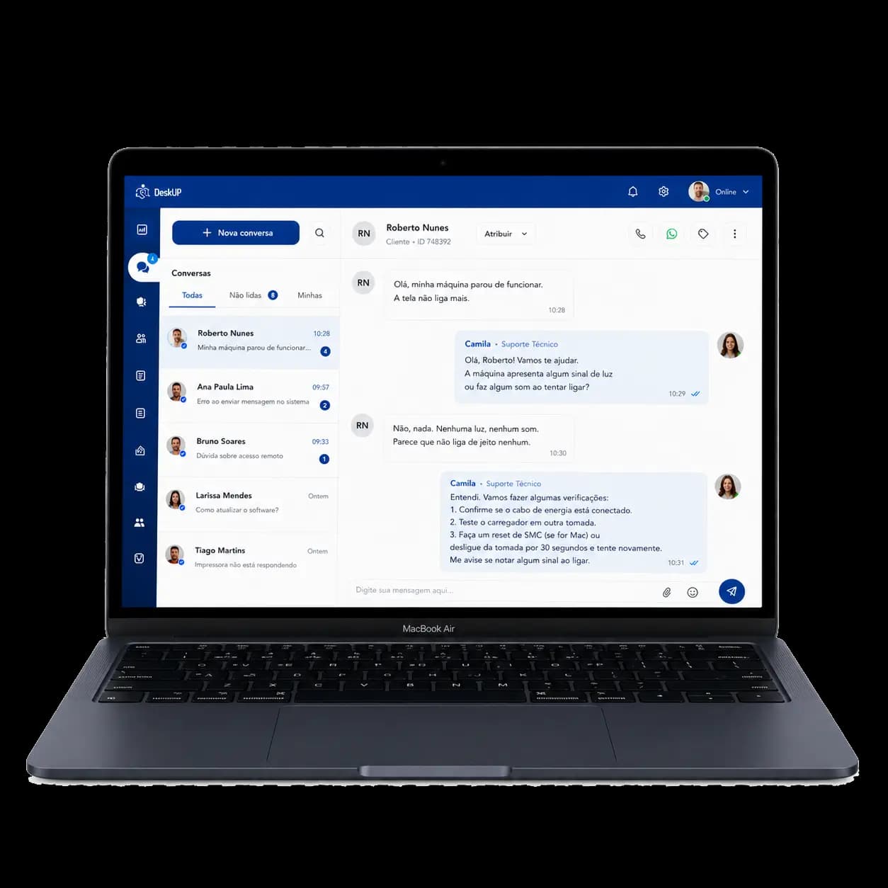 Mockup do sistema de atendimento multiagente em um MacBook